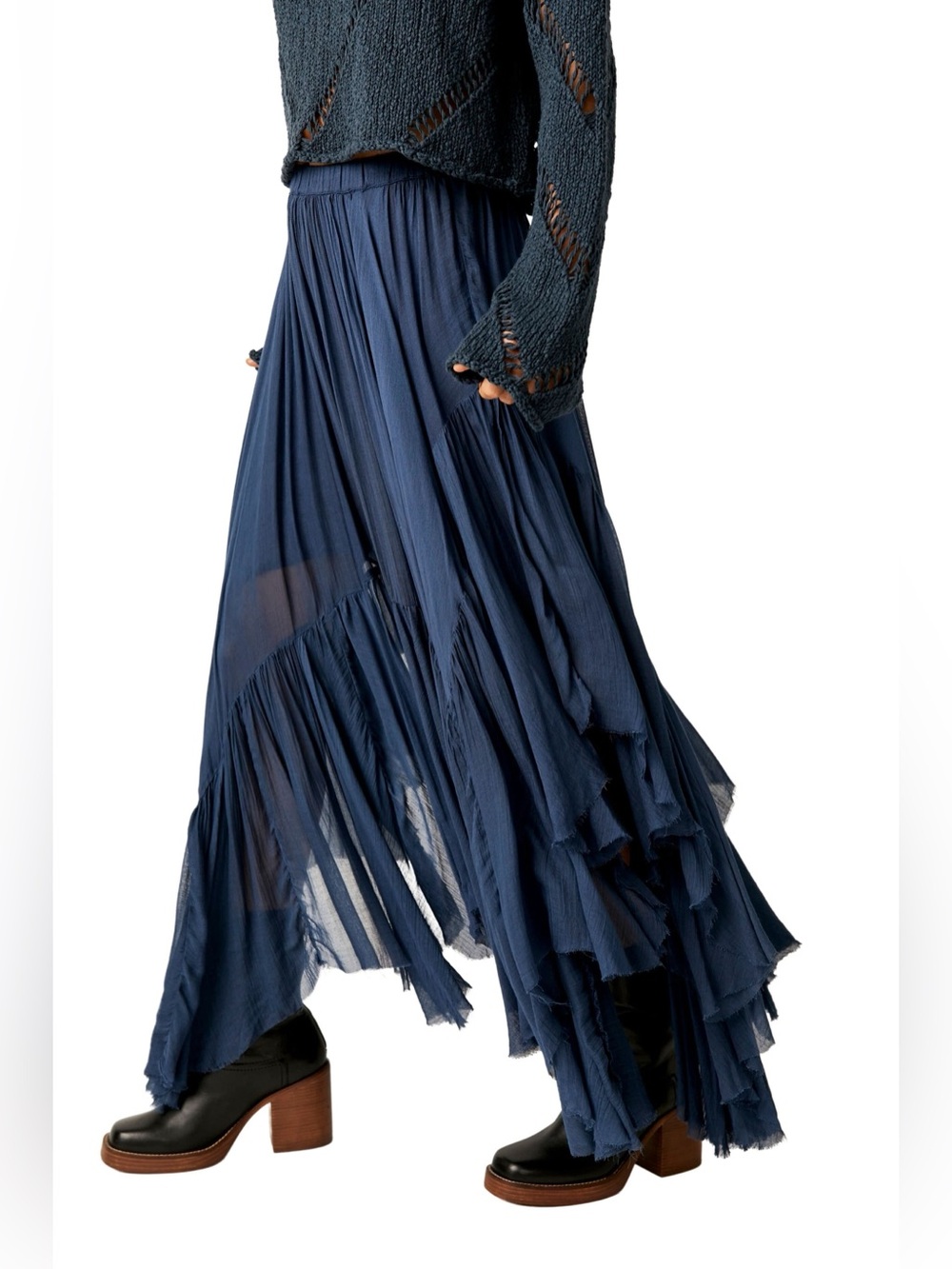 Free People Clover Handkerchief Hem Maxi Skirt in Navy - Picture 3 of 10